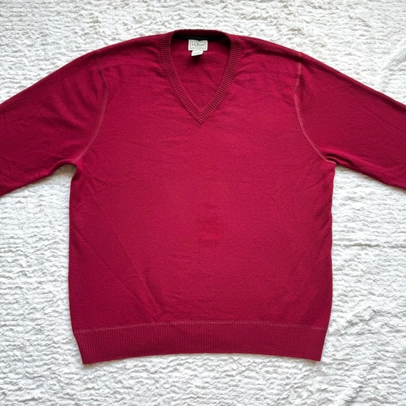 LL Bean 100% Cashmere Sweater Pullover V Neck Large Mens Burgundy Red Preppy - Picture 1 of 9